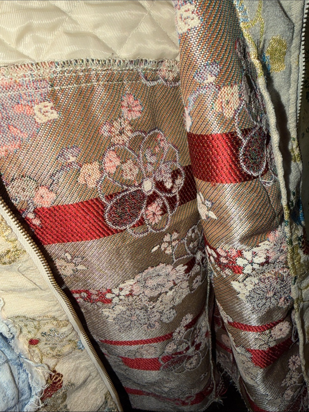 Floral Patchwork Zip-Front Women's Jacket - Cream & Blue - Picture 9 of 11